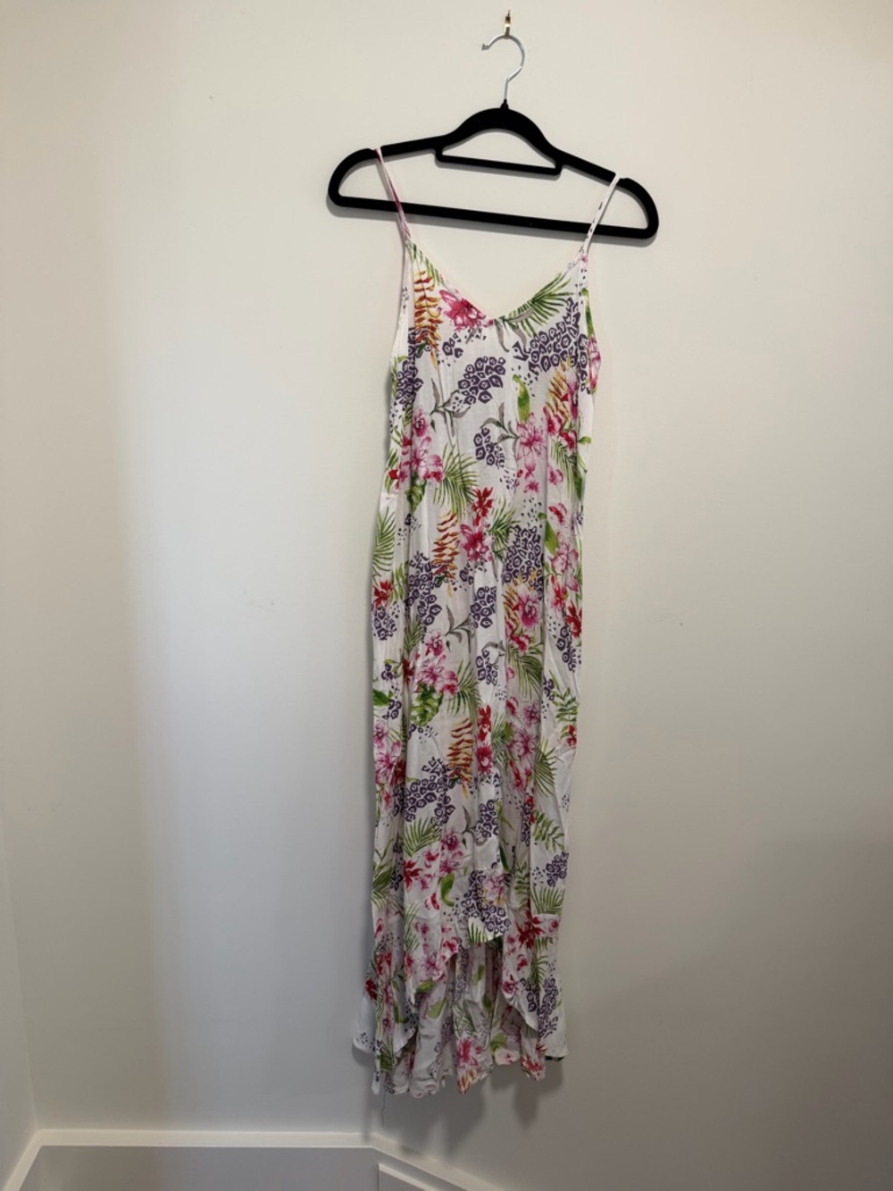 Raviya White Floral High-Low Slip Dress with Pink & Green Accents